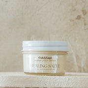 Oak & Sage Healing Salve in 4 oz glass jar, designed to repair and soothe irritated skin with natural tallow, calendula, and jojoba oil.