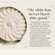 Close-up of Oak & Sage Youthful Cream with a customer testimonial saying, 'My skin has never been this good,' praising improvements in breakouts and skin texture after use.