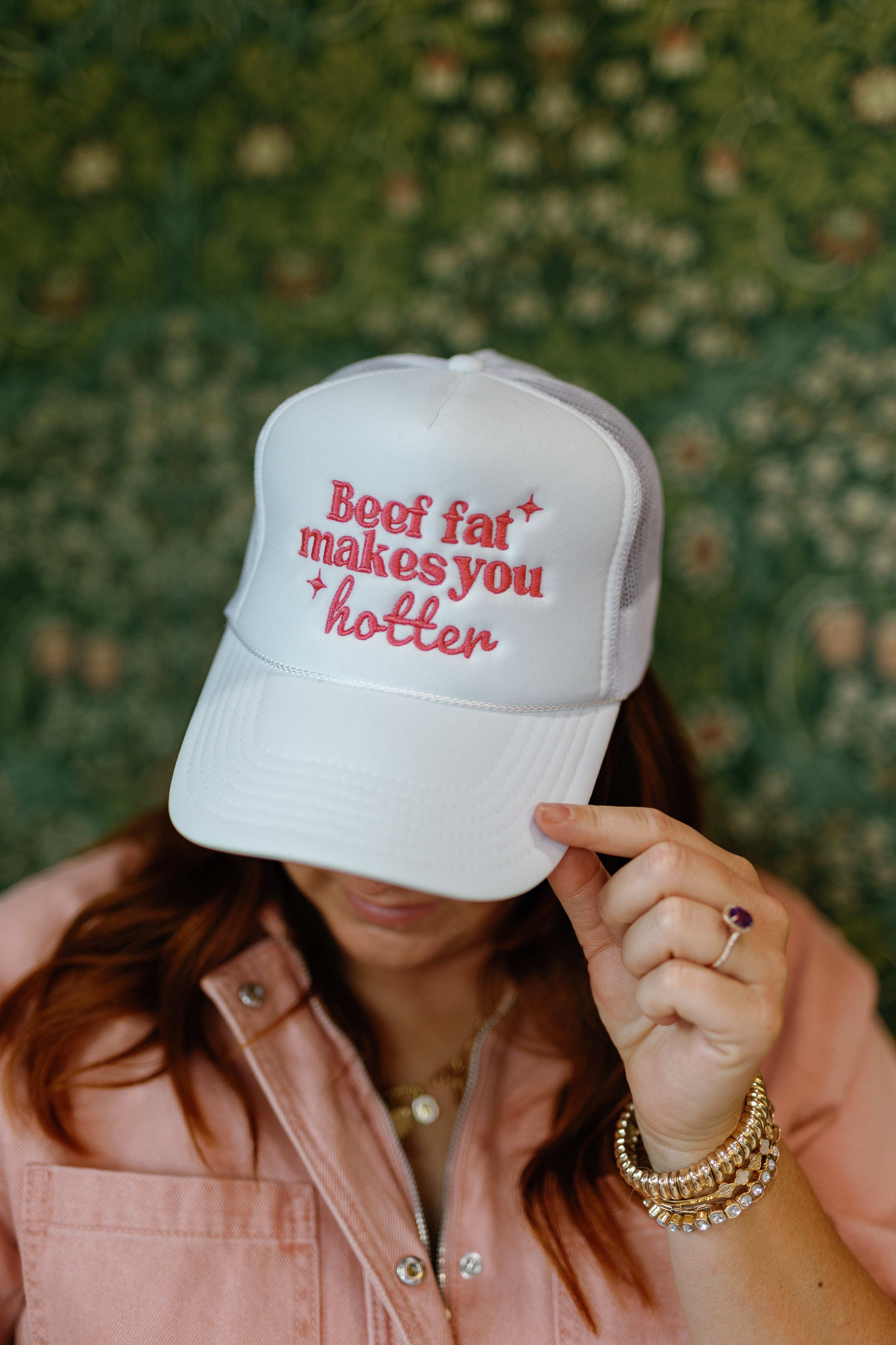 Beef Fat hat (tan, white and red/black)
