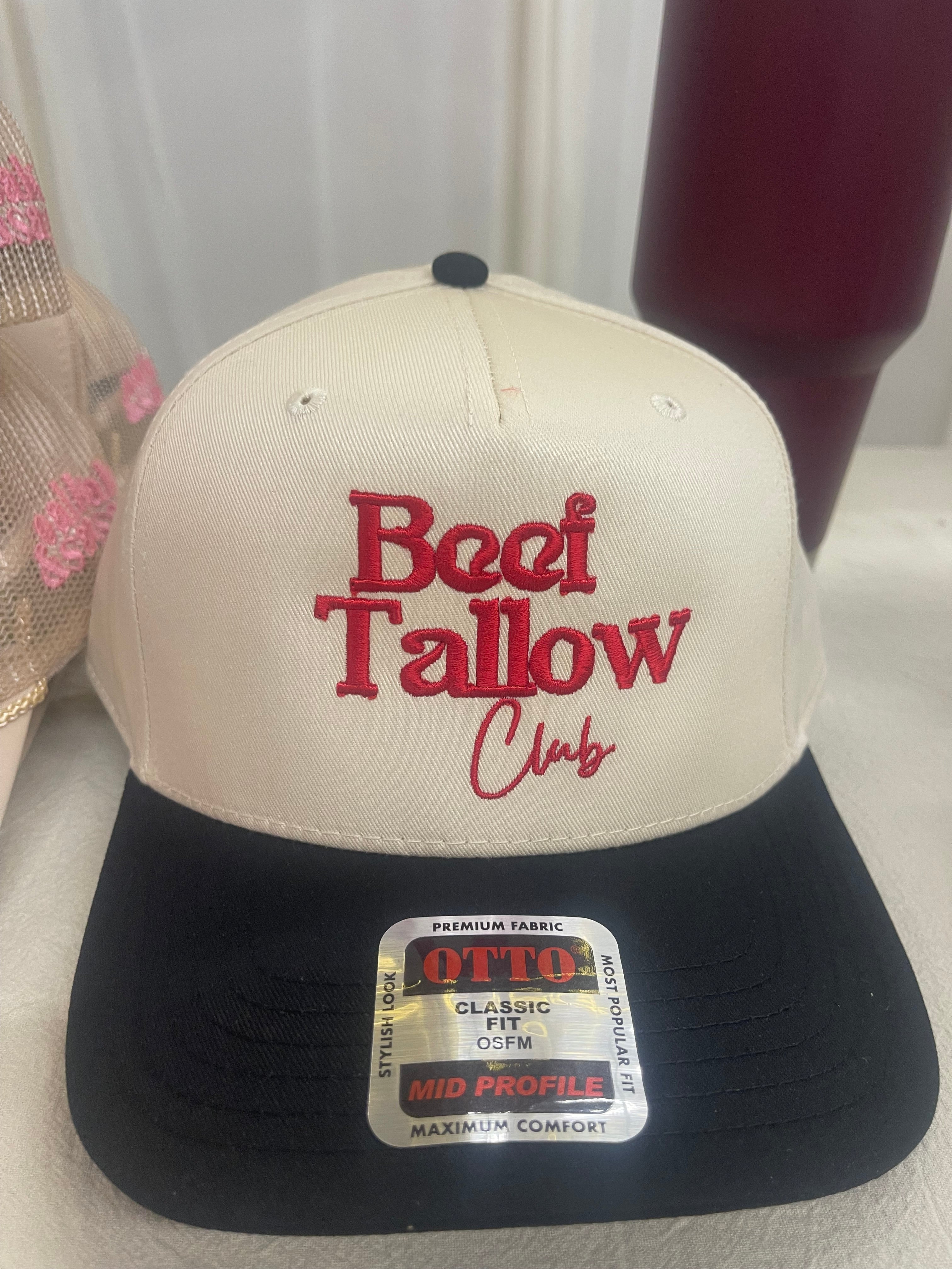 Beef Fat hat (tan, white and red/black)